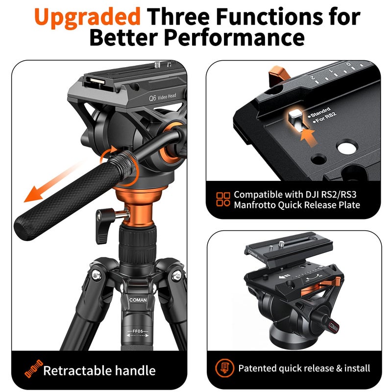 COMAN حامل كاميرا COMAN 73" مع رأس سائل، حامل خفيف الوزن محمول للكاميرا مع monopod قابل للفصل من سبائك الألومنيوم ولوحة QR لكاميرا DJI Canon Nikon Sony DSLR باللون الأسود، الحد الأقصى للحمولة 22.04 رطل (FF06S) - Image 2